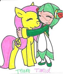 Size: 634x744 | Tagged: safe, artist:cmara, fluttershy, g4, cosmo the seedrian, crossover, hug, sonic the hedgehog (series), sonic x, traditional art