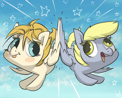 Size: 1400x1120 | Tagged: safe, artist:atryl, derpy hooves, oc, pegasus, pony, g4, blushing, female, flying, mare