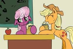 Size: 800x543 | Tagged: safe, artist:tiki2, artist:xioade, applejack, cheerilee, earth pony, pony, g4, blushing, cider, classroom, drink, female, floppy ears, mare, table