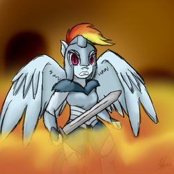Size: 750x750 | Tagged: safe, artist:anothermare, rainbow dash, anthro, g4, armor, female, solo, sword