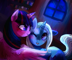 Size: 3000x2500 | Tagged: safe, artist:cherivinca, trixie, twilight sparkle, alicorn, pony, g4, blushing, dark, female, lesbian, mare, night, nuzzling, open mouth, ship:twixie, shipping, smiling, twilight sparkle (alicorn), window, wink