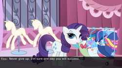 Size: 960x540 | Tagged: safe, screencap, rarity, pony, unicorn, g4, demo, derp, female, game, mare, pony amnesia, solo, visual novel, wat