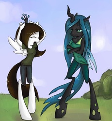 Size: 1627x1761 | Tagged: dead source, safe, artist:cyberneticdragon, queen chrysalis, oc, changeling, changeling queen, anthro, unguligrade anthro, g4, arm hooves, clothes, crown, female, hooves