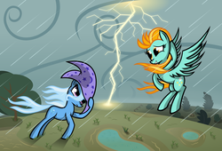 Size: 5008x3396 | Tagged: safe, artist:subjectbubblegum, lightning dust, trixie, pegasus, pony, unicorn, g4, flying, lightning, rain