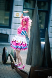 Size: 853x1280 | Tagged: safe, artist:hamano--ayumi, pinkie pie, human, g4, clothes, cosplay, dignified wear, dress, gala dress, high heels, irl, irl human, photo, solo