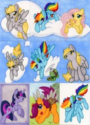 Size: 676x937 | Tagged: safe, artist:jenkiwi, derpy hooves, fluttershy, rainbow dash, scootaloo, tank, twilight sparkle, pegasus, pony, unicorn, g4, female, filly, mare, prosthetics, traditional art