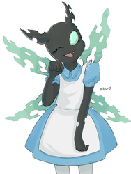 Size: 1050x1400 | Tagged: safe, artist:the-rasp-b, changeling, anthro, alice in wonderland, clothes, cute, cuteling, dress, female, looking at you, nightmare night, open mouth, smiling, solo, wink