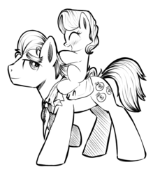 Size: 783x855 | Tagged: safe, artist:xioade, diamond tiara, filthy rich, earth pony, pony, g4, blank flank, blushing, cute, diamond tiara riding filthy rich, diamondbetes, equestria's best father, eyes closed, father and child, father and daughter, female, filly, foal, grayscale, male, monochrome, open mouth, ponies riding ponies, riding, smiling, stallion