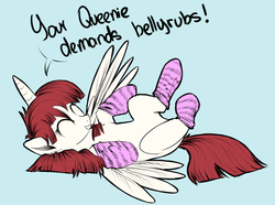 Size: 1000x744 | Tagged: safe, artist:tiki2, artist:xioade, oc, oc only, oc:fausticorn, alicorn, pony, bellyrubs, clothes, cute, dialogue, faustabetes, on back, socks, solo, striped socks