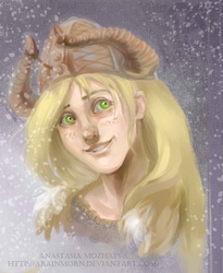 Size: 587x717 | Tagged: safe, artist:arainmorn, applejack, human, tesiii:mlp, g4, armor, female, helmet, humanized, morrowind, nord, portrait, snow, snowfall, solo, the elder scrolls