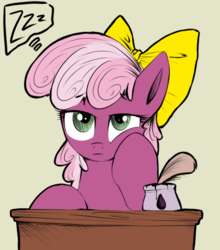 Size: 500x567 | Tagged: safe, artist:tiki2, artist:xioade, cheerilee, earth pony, pony, g4, bored, bow, desk, female, filly, hair bow, inkwell, quill, role reversal, simple background, solo, thought bubble, younger, zzz