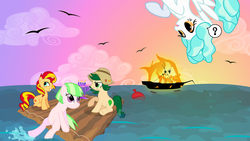 Size: 1280x720 | Tagged: safe, artist:violetclm, drama letter, paisley, sunset shimmer, sweet leaf, watermelody, pony, equestria girls, g4, background human, equestria girls ponified, fire, hanukkah, menorah, ocean, ponified, raft, shimmer six, shipwreck, water