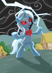 Size: 1024x1448 | Tagged: safe, artist:viraljp, trixie, pony, g4, magic duel, alicorn amulet, bipedal, electrixie, female, glowing eyes, lightning, solo