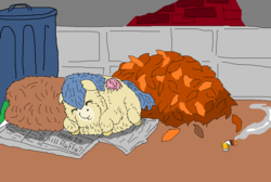 Size: 874x588 | Tagged: safe, artist:artist-kun, fluffy pony, cigarette, feral fluffy pony, fluffy family, fluffy pony foal, impending doom, leaf, newspaper