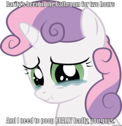 Size: 877x911 | Tagged: safe, sweetie belle, pony, unicorn, g4, caption, crying, female, image macro, need to poop, solo, sweetiepoo