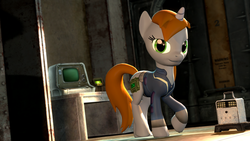 Size: 1920x1080 | Tagged: safe, artist:d0ntst0pme, oc, oc only, oc:littlepip, pony, unicorn, fallout equestria, 3d, clothes, cutie mark, fanfic, fanfic art, female, gmod, hooves, horn, jumpsuit, mare, solo, stable (vault), terminal, toaster, vault, vault suit