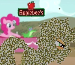 Size: 1354x1170 | Tagged: safe, applejack, gummy, pinkie pie, bee, castle mane-ia, g4, applebee's, literal, pun, visual pun