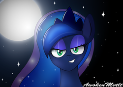 Size: 2743x1946 | Tagged: safe, artist:awokenarts, princess luna, g4, bedroom eyes, bust, female, grin, looking at you, moon, night, solo