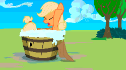 Size: 800x450 | Tagged: safe, artist:themightyshizam, applejack, pony, g4, animated, apple, applebrat, barrel, bath, brattyjack, bubble, cloud, cloudy, cute, eyes closed, female, filly, jackabetes, open mouth, outdoors, silly, silly pony, solo, tantrum, tree, who's a silly pony, yelling