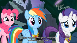 Size: 640x355 | Tagged: safe, screencap, pinkie pie, rainbow dash, rarity, g4, princess twilight sparkle (episode), elements of harmony, hub logo, meme, mlp-captions, youtube caption