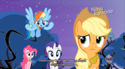 Size: 640x355 | Tagged: safe, screencap, applejack, pinkie pie, rainbow dash, rarity, g4, princess twilight sparkle (episode), elements of harmony, hub logo, meme, mlp-captions, youtube caption