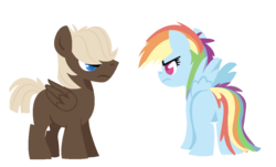 Size: 1100x663 | Tagged: safe, artist:dbkit, dumbbell, rainbow dash, pegasus, pony, g4, colt, duo, filly, simple background, transparent background, younger