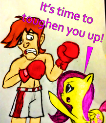 Size: 1024x1182 | Tagged: safe, artist:midnightmint-1, fluttershy, g4, boxing gloves, crossover, drawing, glass joe, nintendo, punch-out!!, text