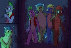 Size: 1280x853 | Tagged: safe, artist:fuzebox, spike, oc, oc:magma, oc:sharp, oc:snort, dragon, g4, cave, comic, happy, magma, male, older, older spike, sharp, snorting, spike's journey, squee, teenaged dragon, teenager