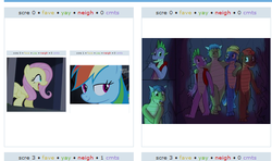 Size: 529x313 | Tagged: safe, artist:fuzebox, fluttershy, rainbow dash, spike, dragon, derpibooru, g4, exploitable meme, inception, juxtaposition, juxtaposition win, male, meme, meta