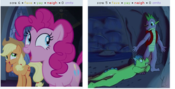 Size: 535x272 | Tagged: safe, applejack, pinkie pie, spike, derpibooru, g4, exploitable meme, juxtaposition, juxtaposition win, meme, meta