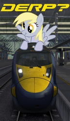 Size: 610x1050 | Tagged: safe, derpy hooves, emu, pegasus, pony, g4, derp, female, game, mare, railroad, riding, train, train station