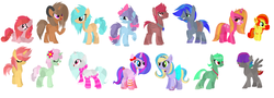 Size: 2668x960 | Tagged: safe, artist:toxipocolypse, oc, oc only, earth pony, pegasus, pony, unicorn, bow, clothes, crystal, female, filly, flower, male, mare, necklace, scarf, skirt, socks, species, stallion, striped socks