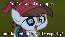 Size: 1280x720 | Tagged: safe, edit, edited screencap, screencap, pipsqueak, earth pony, pony, g4, luna eclipsed, caption, clothes, colt, costume, eyepatch, futurama, image macro, male, nightmare night costume, pirate costume, quote, reaction image, reference, solo, text, tinny tim
