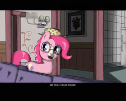 Size: 1280x1024 | Tagged: safe, artist:239asd, pinkie pie, g4, fake screencap, female, glasses, groucho mask, gta san andreas, interior, letterboxing, parody, russian, solo, subtitles