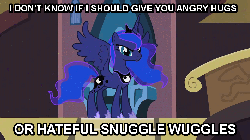 Size: 960x540 | Tagged: safe, edit, edited screencap, screencap, princess luna, g4, princess twilight sparkle (episode), season 4, animated, bronybait, caption, castle, castle of the royal pony sisters, female, flashback, frown, glare, hug, image macro, imma snuggle you, looking at you, solo, spread wings, text, throne