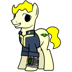 Size: 894x894 | Tagged: dead source, safe, artist:teschke, oc, oc only, earth pony, pony, fallout equestria, clothes, fallout, grin, jumpsuit, pipbuck, ponified, simple background, smiling, solo, stable buck, stable-tec, transparent background, vault boy, vault suit