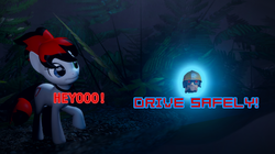 Size: 1024x574 | Tagged: safe, artist:halcoon-145, oc, oc only, 3d, drive safely, forest, gmod, night, text, wat