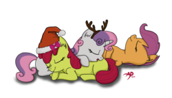 Size: 1200x688 | Tagged: safe, artist:sgtgarand, apple bloom, scootaloo, sweetie belle, earth pony, pegasus, pony, unicorn, g4, adorabloom, antlers, blank flank, christmas, cuddle puddle, cuddling, cute, cutealoo, cutie mark crusaders, diasweetes, ear fluff, eyes closed, hat, holiday, lying down, on back, open mouth, prone, reindeer antlers, santa hat, sleeping, smiling, snuggling