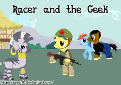 Size: 1024x719 | Tagged: safe, artist:sayer09, rainbow dash, zecora, oc, pony, zebra, g4, ak-47, assault rifle, bipedal, brownie, cameo, clothes, cover art, fanfic, gun, racer and the geek, sunny breeze, uniform