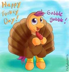 Size: 500x525 | Tagged: safe, artist:ratwhiskers, scootaloo, pony, turkey, g4, bipedal, clothes, costume, cute, cutealoo, female, scootachicken, scootaturkey, solo, thanksgiving, turkey costume