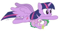 Size: 1050x540 | Tagged: safe, artist:dm29, spike, twilight sparkle, alicorn, pony, g4, carrying, duo, female, mare, simple background, speed lines, transparent background, twilight sparkle (alicorn)