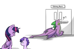 Size: 4500x3000 | Tagged: safe, artist:kianamai, rarity, spike, twilight sparkle, oc, oc:crystal clarity, alicorn, dracony, hybrid, pony, kilalaverse, g4, adult spike, aunt, aunt and niece, auntie twilight, door, eyes closed, female, hospital, implied rarity, interspecies offspring, kianamai is trying to murder us, male, mama twilight, mare, next generation, niece, offscreen character, offspring, older, older spike, open mouth, parent:rarity, parent:spike, parents:sparity, pregnant, ship:sparity, shipping, simple background, straight, twilight sparkle (alicorn), waiting, waiting room, white background, winged spike, wings