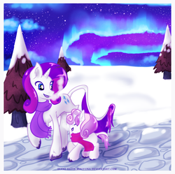 Size: 836x832 | Tagged: safe, artist:miniyuna, rarity, sweetie belle, classical unicorn, g4, aurora borealis, clothes, cloud, cloudy, horn, leonine tail, scarf, sisters, snow, stars, tree, unshorn fetlocks, winter