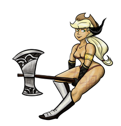 Size: 1389x1444 | Tagged: safe, artist:king-kakapo, artist:php52, applejack, human, g4, axe, bikini, clothes, colored, cosplay, dragon's crown, female, humanized, light skin, simple background, solo, swimsuit, weapon