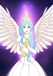 Size: 1385x2000 | Tagged: safe, artist:margony, princess celestia, human, g4, beautiful, clothes, crown, female, horn, horned humanization, humanized, light skin, solo, winged humanization