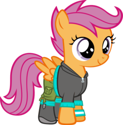 Size: 837x853 | Tagged: safe, artist:zacatron94, scootaloo, g4, clothes, equestria girls outfit, female, hoodie, simple background, smiling, solo, transparent background, vector