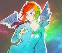 Size: 900x776 | Tagged: safe, artist:prodigymysoul, rainbow dash, human, g4, female, graphic tee, humanized, light skin, solo, winged humanization