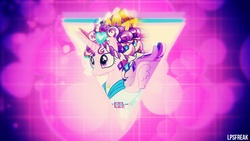 Size: 1920x1080 | Tagged: safe, artist:90sigma, artist:illumnious, princess cadance, g4, alternate hairstyle, bubble, clothes, crystal princess, dress, female, solo, triangle, vector, wallpaper