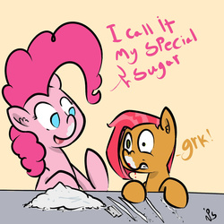 Size: 1280x1280 | Tagged: safe, artist:whydomenhavenipples, babs seed, pinkie pie, earth pony, pony, g4, blood, cocaine, corrupting the youth, dialogue, drugs, duo, ear fluff, female, filly, gritted teeth, mare, mismatched eyes, nosebleed, open mouth, signature, smiling, table, wide eyes