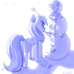 Size: 660x660 | Tagged: safe, artist:mewball, rainbow dash, pegasus, pony, g4, backlighting, clothes, female, folded wings, mare, monochrome, mouth hold, scarf, signature, snow, snowfall, snowman, solo, wings